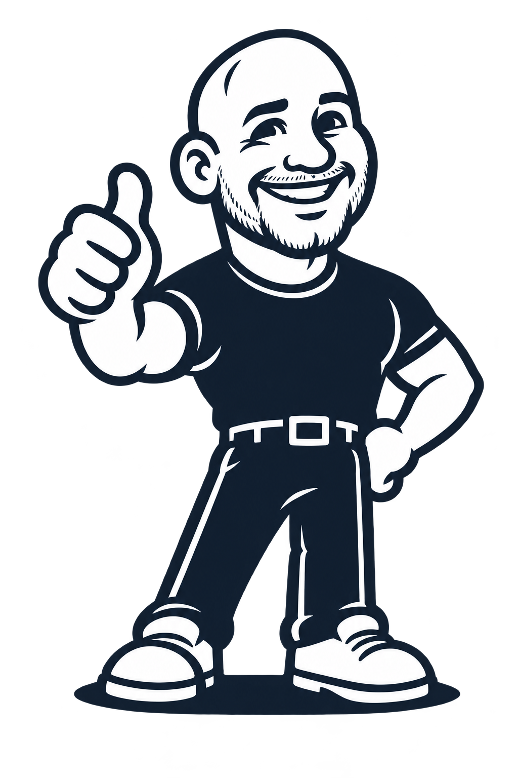 A smiling bald cartoon of Chris in a crewneck T-shirt and long pants, giving a thumbs-up.